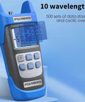Front view of blue handheld optical power meter with LCD display and control buttons