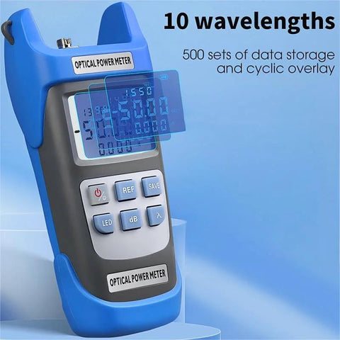 Front view of blue handheld optical power meter with LCD display and control buttons