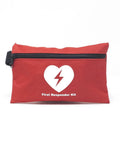 Red Cubix first responder kit pouch with black zipper and white heart with lightning bolt logo.