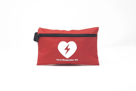 Red Cubix first responder kit pouch with black zipper and white heart with lightning bolt logo.