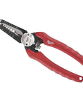 Six-In-One Wire Stripping and Reaming Pliers for Electricians with red handles, dual ground loop holes, and bolt cutting feature.