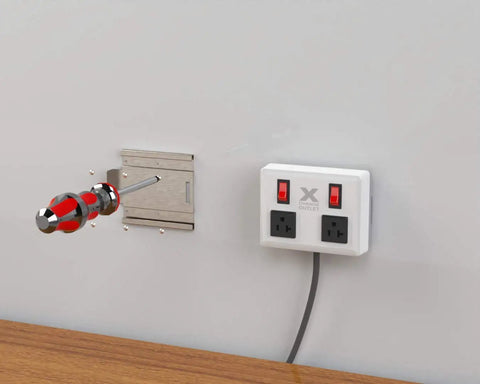 Wall Mounted Extension Cord With Surge Protector And Individual Circuit Breakers, Heavy Duty Power Strip For Home Office And Laundry Room, White Finish, Easy Install Kit Included shown half installed on wall.