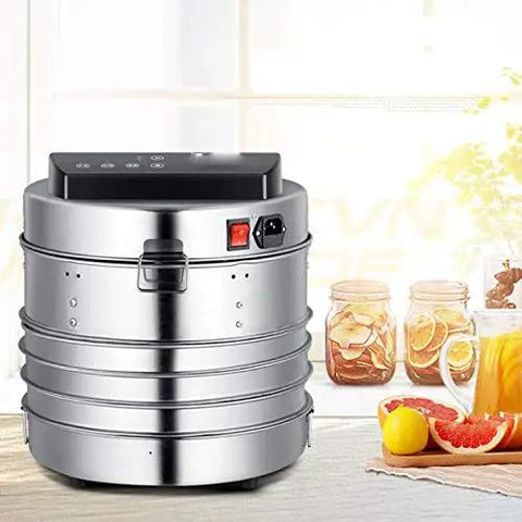 Kid You Not This Heavy Duty Stainless Steel Food Dehydrator on kitchen counter with jars and fruits, showcasing stackable trays.
