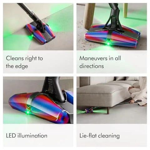 Dyson PencilVac Fluffycones cordless vacuum front view; rainbow-colored head with LED light
Dyson PencilVac Fluffycones cordless vacuum side view; rainbow-colored head visible
Dyson PencilVac Fluffycones cordless vacuum close-up; rainbow head with LED illumination
Dyson PencilVac Fluffycones cordless vacuum in use under sofa; rainbow head visible