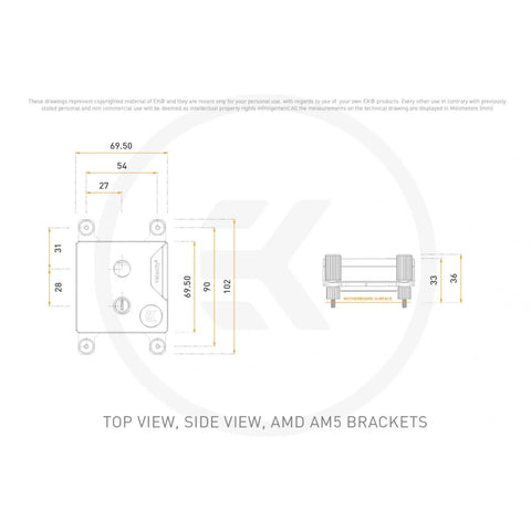 Velocity 3 CPU Water Block Plexi Top For AM5 And LGA 1700 And 1851 Beefy Cooling With Optimized Internal Geometry For Maximum Heat Transfer Perfect Fit For Serious Custom PC Builds technical drawing top and side view