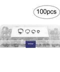 Stainless Steel Single Ear Hose Clamp Kit With 100 Pieces Stepless Sealing Design For Tight Fits And Leaks Prevention Perfect For Cars And Engines. 100-piece kit in storage box
