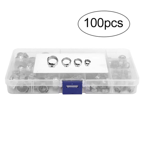 Stainless Steel Single Ear Hose Clamp Kit With 100 Pieces Stepless Sealing Design For Tight Fits And Leaks Prevention Perfect For Cars And Engines. 100-piece kit in storage box