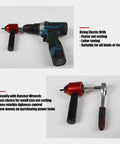 Professional Rivet Nut Drill Adapter Kit Featuring Complete M3 M4 M5 M6 M8 Metric Mandrels And Thread Insert Nuts with electric drill and ratchet wrench.