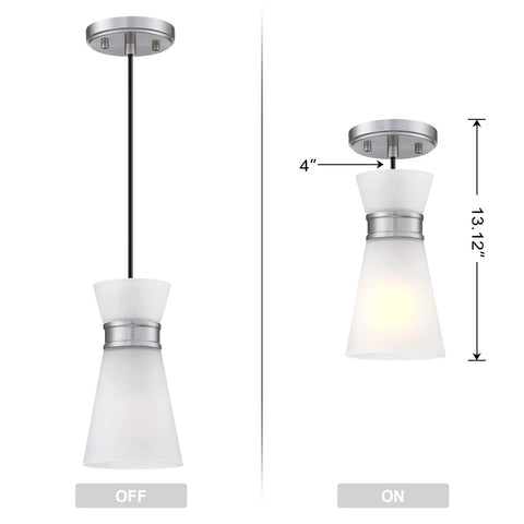3 Pack Cylindrical Pendant Lights With Frosted Glass, Modern Hanging Lamps For Kitchen Island Bar And Dining Room, Brushed Nickel Finish, Hardwire Ready, Farmhouse Chic shown with dimensions including 13.12 inches height and 4 inches width
