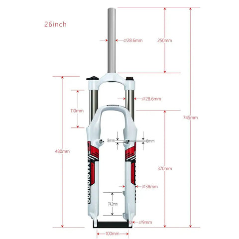 26 Inch Mountain Bike Suspension Fork With 100mm Travel For Disc And V Brakes 1 1/8 Inch Straight Steerer 28.6mm in red