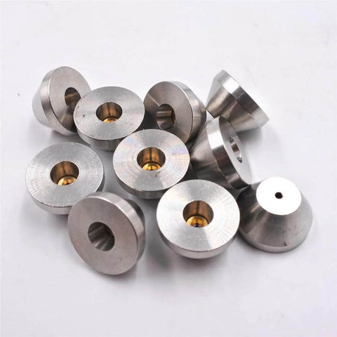 Set of stainless steel waterjet orifice discs with brass inner inserts, 0.26 mm bore