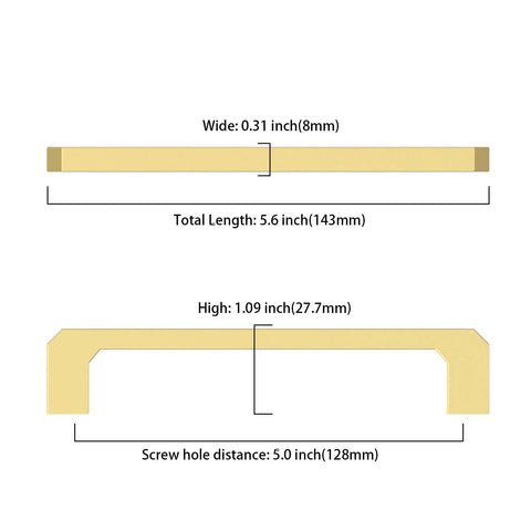 Dimensional diagram of Brushed Gold Cabinet Pulls Set Of 10 5 Inch 128mm Brushed Brass Kitchen Cabinet Handles with measurements