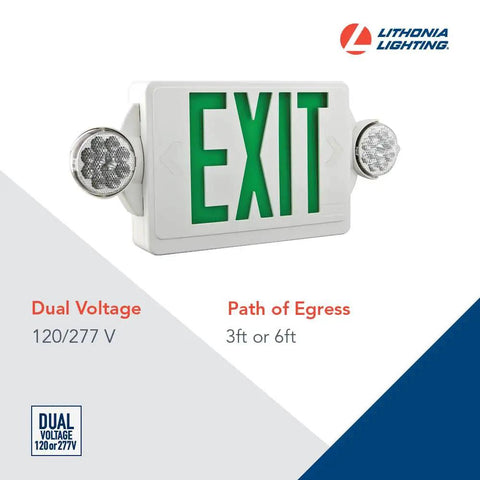 2 In 1 LED Exit Sign And Emergency Light Combo With Red Letters High Output Battery Backup 2 Head Fixture For Biz Durable Thermoplastic Housing Adjustable Emergency Lighting White Finish