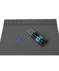 Top Shelf Anti Static Soldering Mat With ESD Safe Silicone Surface, No Nonsense Heat Resistant Repair Pad For Computer And Phone Tech Work, Fly And Secure Grey Setup For Main Hustle with tools.