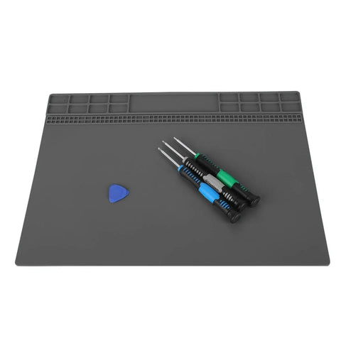Top Shelf Anti Static Soldering Mat With ESD Safe Silicone Surface, No Nonsense Heat Resistant Repair Pad For Computer And Phone Tech Work, Fly And Secure Grey Setup For Main Hustle with tools.