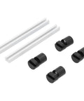 Rock Solid 20mm Aluminum Alloy Bench Dogs Fixing Tools For Heavy Duty Woodworking Workbenches Built Like A Tank With Anodized Finish 4 Piece Shop Ready Set For Custom Cabinet Making And Fine Carpentry, showing four black bench dogs and two clear bars.