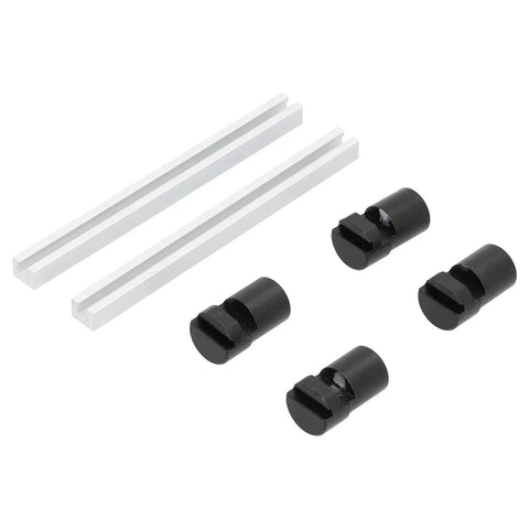 Rock Solid 20mm Aluminum Alloy Bench Dogs Fixing Tools For Heavy Duty Woodworking Workbenches Built Like A Tank With Anodized Finish 4 Piece Shop Ready Set For Custom Cabinet Making And Fine Carpentry, showing four black bench dogs and two clear bars.