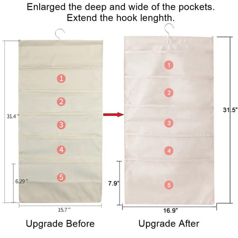 Comparison of Enlarged Closet Hanging Bra Organizer With Rotating Metal Hanger showing size upgrade with mesh pockets.