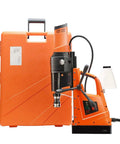 Heavy Duty Portable Magnetic Drill With Straight Up 2500W Power features black and orange design with storage case.