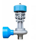 Side view of Compact 500W Micro Hydroelectric Generator With Copper Core Coil, 220V Portable Water Turbine with metal and blue casing.