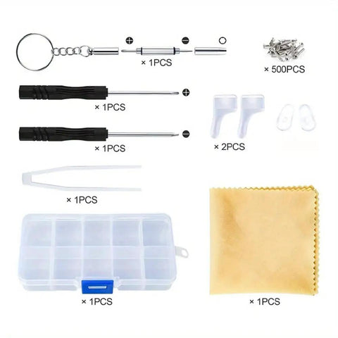 Glasses Repair Kit 500 Pieces With Assorted Screws, Nose Pads, Mini Screwdrivers, Tweezers, Cleaning Cloth And Case