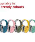 Five pairs of kids noise canceling headphones in different colors, featuring 25 dB sound reduction, adjustable for ages 3 to 16.