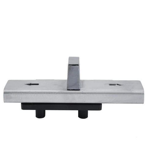 Front view of zinc alloy door lock bolt with vertical center latch; brushed silver finish, privacy indicator hardware