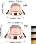 UWYTGF Retrofit Led Recessed Lighting 5W and 7W with dimensions, aluminum baffle trim design for adjustable color temperatures.