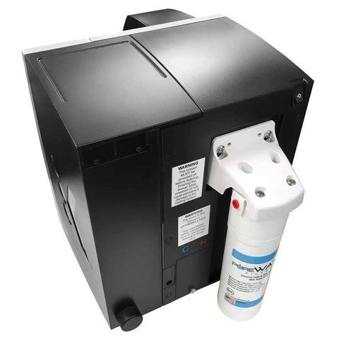 Back view of commercial Keurig with Water Filter Kit For Keurig Commercial Brewers Fits B150, K150, B155, K155, K2500, K3000, B3000, B3000SE, K3500, K4000 Includes Filter, Housing Head, Mounting Bracket With Screws No Fuss Quick Install