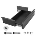 Total Game Changer Hella Smooth Slide Out Under Desk Drawer For Sit Stand Workstation black open with ball bearing tracks and accessories.