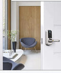 Rock Solid Smart Door Lock With Slick Fingerprint Scanner App Remote Control Built Tough Stainless Steel Latch on white door, modern interior.
