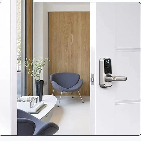 Rock Solid Smart Door Lock With Slick Fingerprint Scanner App Remote Control Built Tough Stainless Steel Latch on white door, modern interior.