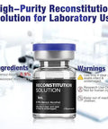 Reconstitution solution bottle for laboratory use with key ingredients and warnings displayed.
