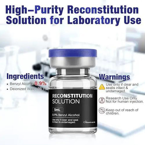 Reconstitution solution bottle for laboratory use with key ingredients and warnings displayed.