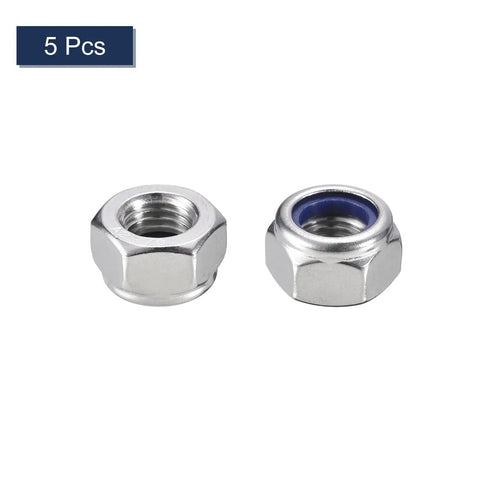 Heavy Duty M12 X 1.5 Nylon Insert Hex Lock Nuts 5 Pack 304 Stainless Steel Self Locking Fasteners with blue nylon ring close up