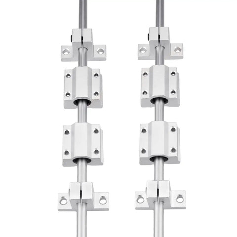 Sixteen Piece 500mm T8 Lead Screw Kit With Two 500mm Linear Motion Rods Four Slide Blocks And Four SK8 Shaft Supports For 3D Printers And DIY CNC Machines - front view showing linear rods and slide blocks.