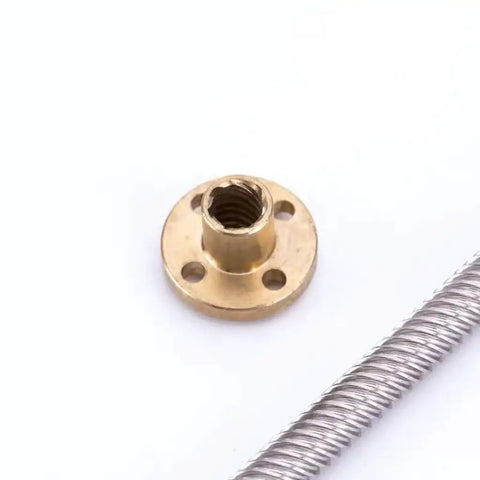 Close-up of 3D Printer Upgrade T8 Lead Screw with Copper Nut, 2mm Pitch, Stainless Steel Trapezoidal Thread Rod, for smooth motion.