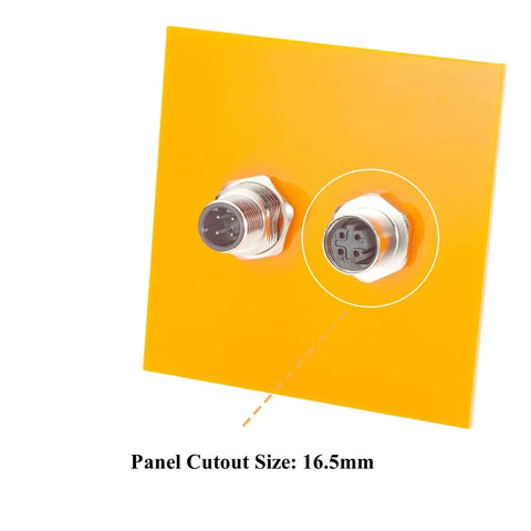 Bulkhead M12 D Code 4 Pin Male To Female Connector IP67 Shielded Wall Pass Thru Panel Mount Socket shown on an orange panel.