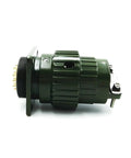 Green Y2M/Y28M military circular connector, panel-mount with flange, gold-plated pins visible and side clamp screws.