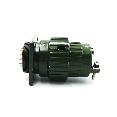 Green Y2M/Y28M military circular connector, panel-mount with flange, gold-plated pins visible and side clamp screws.