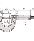 Diagram of Outside Micrometer 0 to 25mm with 0.01mm Graduation and ±0.002mm Accuracy, showing dimensions and components