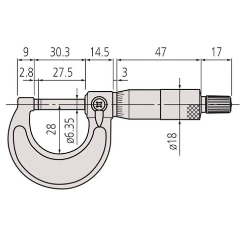 Diagram of Outside Micrometer 0 to 25mm with 0.01mm Graduation and ±0.002mm Accuracy, showing dimensions and components