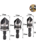 Three-piece countersink drill bit set with 1/4-in hex shank, sizes 12mm, 16mm, 19mm for wood and metal