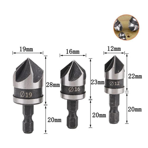 Three-piece countersink drill bit set with 1/4-in hex shank, sizes 12mm, 16mm, 19mm for wood and metal