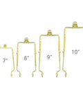 Four polished brass adjustable lamp shade harp holders with 7, 8, 9, and 10 inch heights for E14, E26, E27 bases.