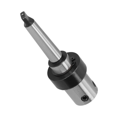 Arbor Morse Taper MT2 drill adapter in steel with black collar, angled view