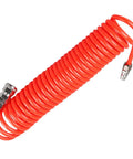 Hella Durable Coiled Air Compressor Hose Built Damn Tough With Single Layer Polyurethane And Oil Resistant Build Featuring Rock Solid Bend Restrictor Fittings And Seamless Swivel Ends That Guarantee Zero Kink Performance - Red coiled hose with metal fittings.
