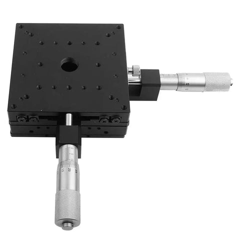 Workhorse Aluminum XY Axis Linear Stages With Micrometer Manual Slide Table 100mm By 100mm By 40mm Black Anodized Roller Track, top view