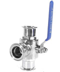 Professional Grade Hardcore Stainless Steel 3 Way Tri Clamp T Port Ball Valve With Slick Quarter Turn Handle for liquid routing.