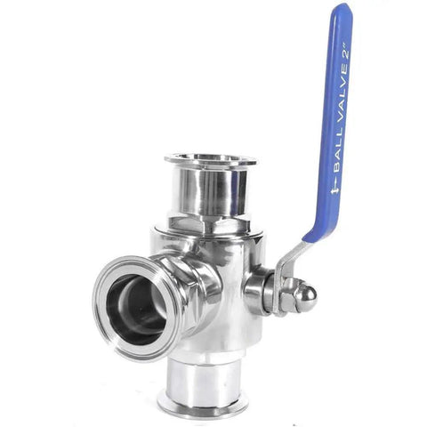 Built Like A Tank Stainless Steel 3 Way Tri Clamp Ball Valve With PTFE Seal, 2-inch size, smooth flow design, showing blue handle.